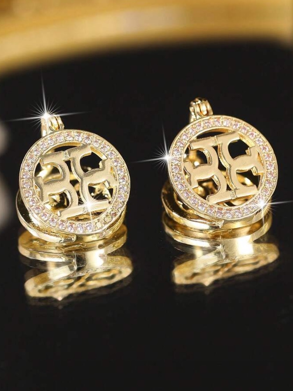 Tory Burch Gold Crystal Logo Earrings - Picture 2 of 8